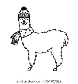 Vector illustration of cute character south America lama in winter hat and scarf. Isolated outline cartoon baby llama. Hand drawn Christmas Peru animal guanaco, alpaca, vicuna. Drawing for print.