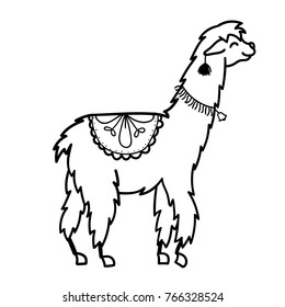 Vector illustration of cute character south America lama with decorations. Isolated outline cartoon baby llama. Hand drawn Peru animal guanaco, alpaca, vicuna. Drawing for print, fabric.