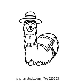 Vector illustration of cute character south America lama with decorations. Isolated outline cartoon baby llama. Hand drawn Peru animal guanaco, alpaca, vicuna. Drawing for print, fabric.