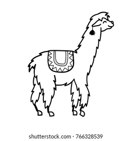 Vector illustration of cute character south America lama with decorations. Isolated outline cartoon baby llama. Hand drawn Peru animal guanaco, alpaca, vicuna. Drawing for print, fabric.