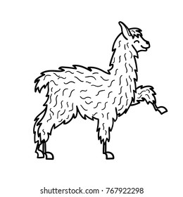 Vector illustration of cute character south America lama. Isolated outline cartoon baby llama. Hand drawn Peru animal guanaco, alpaca, vicuna. Drawing for print, fabric, textile, poster etc