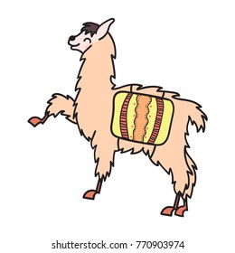 Vector illustration of cute character south lama with decorations. Isolated outline cartoon baby llama. Hand drawn Peru animal guanaco, alpaca, vicuna. Drawing for print, fabric.