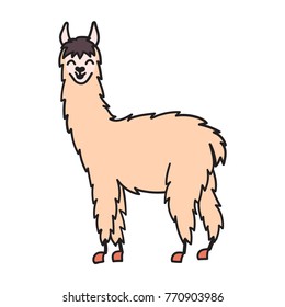 Vector illustration of cute character south America lama. Isolated outline cartoon baby llama. Hand drawn Peru animal guanaco, alpaca, vicuna. Drawing for print, fabric, textile, poster etc