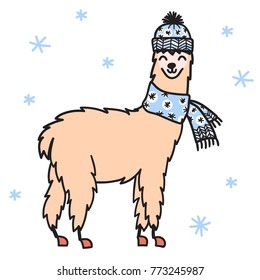 Vector illustration of cute character south lama in winter hat and scarf. Isolated outline cartoon baby llama. Hand drawn Christmas Peru animalguanaco, alpaca, vicuna. Drawing for print.