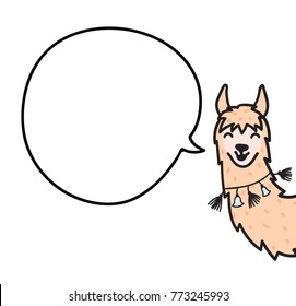 Vector illustration of cute character south lama. Isolated outline cartoon baby llama and speech bubble. Hand drawn Peru animal guanaco, alpaca, vicuna. Drawing with place for your text