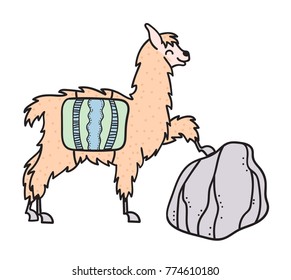 Vector illustration of cute character south lama with decorations. Isolated outline cartoon baby llama. Hand drawn Peru animal guanaco, alpaca, vicuna. Drawing for print, fabric 