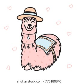 Vector illustration of cute character south lama with decorations. Isolated outline cartoon baby llama. Hand drawn Peru animal guanaco, alpaca, vicuna. Drawing for print, fabric 