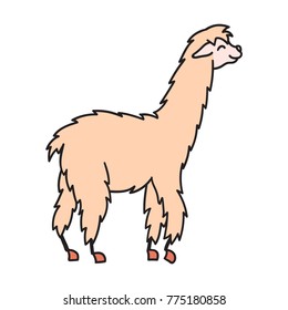 Vector illustration of cute character south America lama. Isolated outline cartoon baby llama. Hand drawn Peru animal guanaco, alpaca, vicuna. Drawing for print, fabric, textile, poster etc