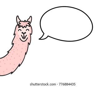Vector illustration of cute character south lama. Isolated outline cartoon baby llama and speech bubble. Hand drawn Peru animal guanaco, alpaca, vicuna. Drawing with place for your text