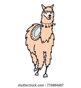 Vector illustration of cute character south lama with decorations. Isolated outline cartoon baby llama. Hand drawn Peru animal guanaco, alpaca, vicuna. Drawing for print, fabric 