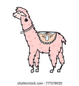Vector illustration of cute character south lama with decorations. Isolated outline cartoon baby llama. Hand drawn Peru animal guanaco, alpaca, vicuna. Drawing for print, fabric 