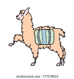 Vector illustration of cute character south lama with decorations. Isolated outline cartoon baby llama. Hand drawn Peru animal guanaco, alpaca, vicuna. Drawing for print, fabric 