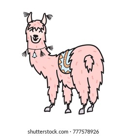 Vector illustration of cute character south lama with decorations. Isolated outline cartoon baby llama. Hand drawn Peru animal guanaco, alpaca, vicuna. Drawing for print, fabric 