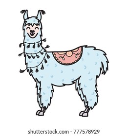 Vector illustration of cute character south lama with decorations. Isolated outline cartoon baby llama. Hand drawn Peru animal guanaco, alpaca, vicuna. Drawing for print, fabric 