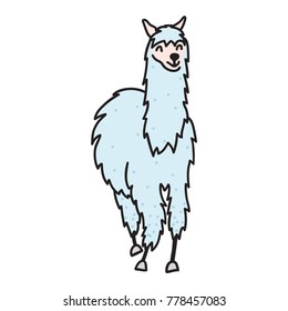 Vector illustration of cute character south lama. Isolated outline cartoon baby llama. Hand drawn Peru animal guanaco, alpaca, vicuna. Drawing for print, fabric, textile, poster etc