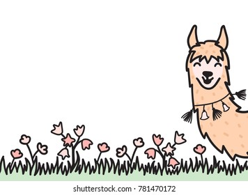 Vector illustration of cute character south lama. Isolated cartoon llama and place for your text. Hand drawn Peru animal guanaco, alpaca, vicuna. Drawing for print, fabric, textile, poster etc
