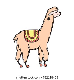 Vector illustration of cute character south lama with decorations. Isolated outline cartoon baby llama. Hand drawn Peru animal guanaco, alpaca, vicuna. Drawing for print, fabric.