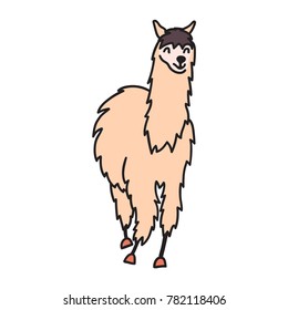 Vector illustration of cute character south America lama. Isolated outline cartoon baby llama. Hand drawn Peru animal guanaco, alpaca, vicuna. Drawing for print, fabric, textile, poster etc.