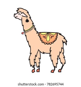 Vector illustration of cute character south lama with decorations. Isolated outline cartoon baby llama. Hand drawn Peru animal guanaco, alpaca, vicuna. Drawing for print, fabric.