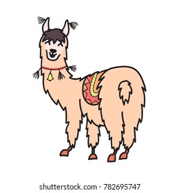 Vector illustration of cute character south lama with decorations. Isolated outline cartoon baby llama. Hand drawn Peru animal guanaco, alpaca, vicuna. Drawing for print, fabric.