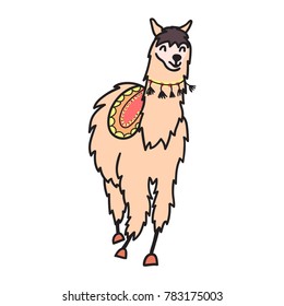 Vector Illustration Of Cute Character South Lama With Decorations. Isolated Outline Cartoon Baby Llama. Hand Drawn Peru Animal Guanaco, Alpaca, Vicuna. Drawing For Print, Fabric.