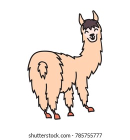 Vector illustration of cute character south America lama. Isolated outline cartoon baby llama. Hand drawn Peru animal guanaco, alpaca, vicuna. Drawing for print, fabric, textile, poster etc