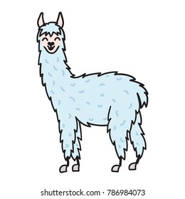 Vector illustration of cute character south lama. Isolated outline cartoon baby llama. Hand drawn Peru animal guanaco, alpaca, vicuna. Drawing for print, fabric, textile, poster etc