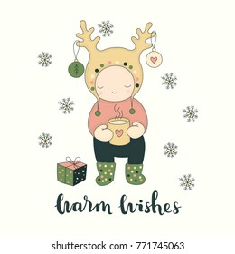 Vector illustration. Cute character with tea and gift, and snowflakes. Xmas greeting card with funny man. New year, Christmas winter art. Warm wishes - handwritten lettering.