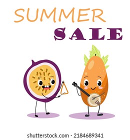 Vector illustration of cute characters, cartoon passion fruit and papaya with musical instruments. Summer sale coupon design, design for kids, summer time, summer mood. vector illustration.