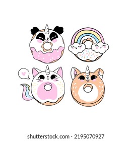 Vector illustration .Cute characters in cartoon style. Funny donuts in the form of animals. Print for children's clothes, stickers, poster. Hand drawn graphics. 