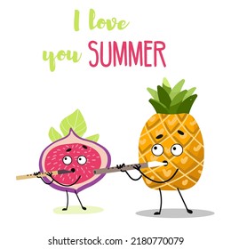 Ilustración vectorial de personajes lindos, higos y piña tocando las tuberías. Diseño de camisetas para niños, verano, verano. ilustración vectorial. Dejando que te amo el verano.