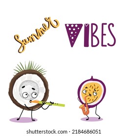 Vector illustration of cute characters, funny fruits coconut and passion fruit with musical instruments. T-shirt design for kids, summer time, summer mood. vector illustration. Summer vibes.