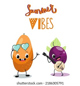 Vector illustration of cute characters, funny fruits, passion fruit playing banjo, papaya with glasses. T-shirt design for kids, summer time, summer mood, summer mood. Lettering summer vibes.