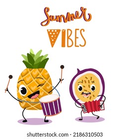 Vector illustration of cute characters, funny fruits, pineapple plays the drum, papaya plays harmonica, accordion. T-shirt design for kids, summer time, summer mood, summer mood. Summer vibes.