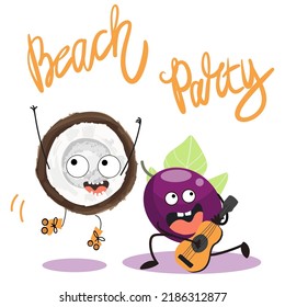 Vector illustration of cute characters, funny fruits, coconut is rollerblading, passion fruit is playing ukulele, guitar. T-shirt design for kids, summer time, summer mood, summer mood. Beach party.