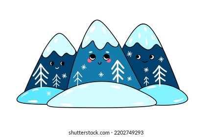 Ilustración vectorial de montañas de personajes lindos. Cuta ilustración de invierno de las montañas de dibujos animados