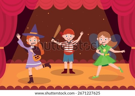 Vector illustration of cute characters on stage. Cartoon scene of smiling witch with Halloween pumpkin, pirate, sword and fairy, with magic wand performing on theater stage with curtains, illumination
