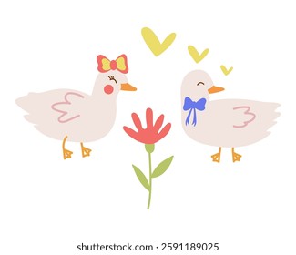 Vector illustration with cute characters, pet ducks on a date, hearts, doodle-style flowers. Funny print for lovers, greeting card decoration.