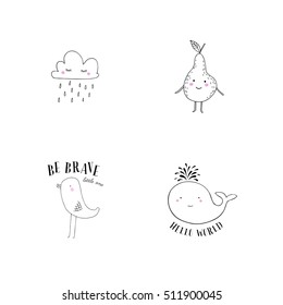 Vector illustration of cute characters: rainy cloud, smiling pear, little chick and Whale.