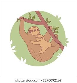 Vector illustration of cute characters sloths mom and baby. Isolated on white background. Mother's day print.