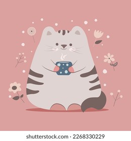 Vector illustration, cute characters,pets,kitten,cat,cats,hand drawn,in a modern,cartoon doodle style.Cat with a mug,coffee,mulled wine.On a pink background.Print for textiles,web design.EPS10.