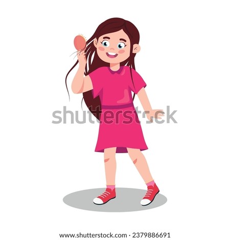 Vector illustration of a cute and charming little girl combing her hair. Cartoon scene with a smiling little girl with beautiful long hair holding a comb and combing her hair on a white background.