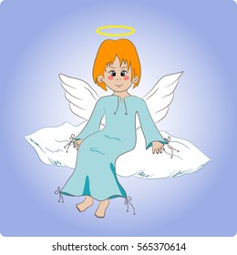Vector illustration of cute cheerful angel sitting on a cloud. Simple illustration of an angel in cartoon style  isolated on a blue background