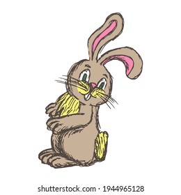 Vector illustration of a cute cheerful bunny sitting sideways. Cute easter character. Hand-drawn shaded drawing. Cartoon kids animal doodle