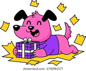 Ilustración vectorial de un lindo y alegre cachorro de dibujos animados de color rosa con un regalo púrpura, rodeado de Elementos de celebración sobre un fondo blanco.