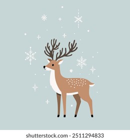 Vector illustration of cute, cheerful reindeer in snow with snowflakes.