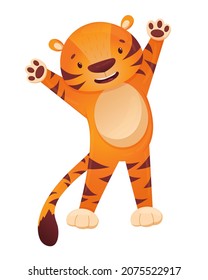 Vector illustration of a cute cheerful tiger cub stands with paws up isolated on a white background. Chinese New Year of the Tiger. Cute tyrgra character in cartoon style