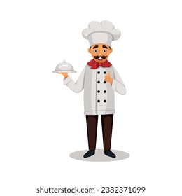 Vector illustration of a cute chef in cartoon style. Cartoon scene of a smiling chef in a chef's coat and chef's cap holding a dish under a lid and showing a hand gesture super on white background.