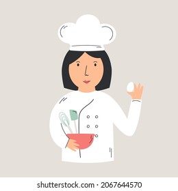 Ilustración vectorial de un cocinero lindo y utensilios de cocina. Diseño de carácter divertido en un estilo moderno y plano