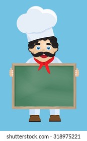 Vector illustration of cute chef holding green board with menu in hands and smilling